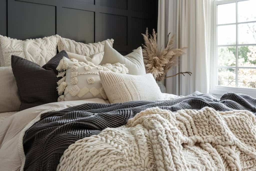 Detail shot of a black & neutral bedroom's bed with knit and woven textures on pillows and throws, complemented by a natural dried flower arrangement on the nightstand