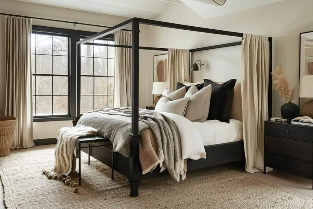 Elegant black & neutral bedroom with a black canopy bed, a textured gray throw, and beige linens, accented with a beige area rug and a woven basket