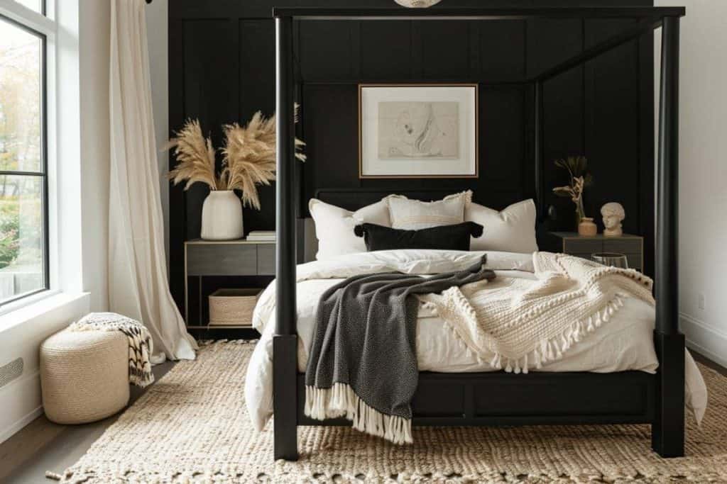 Chic black & neutral bedroom with a black panel bed, white and beige linens, a textured throw, and natural decor elements like a pampas grass vase