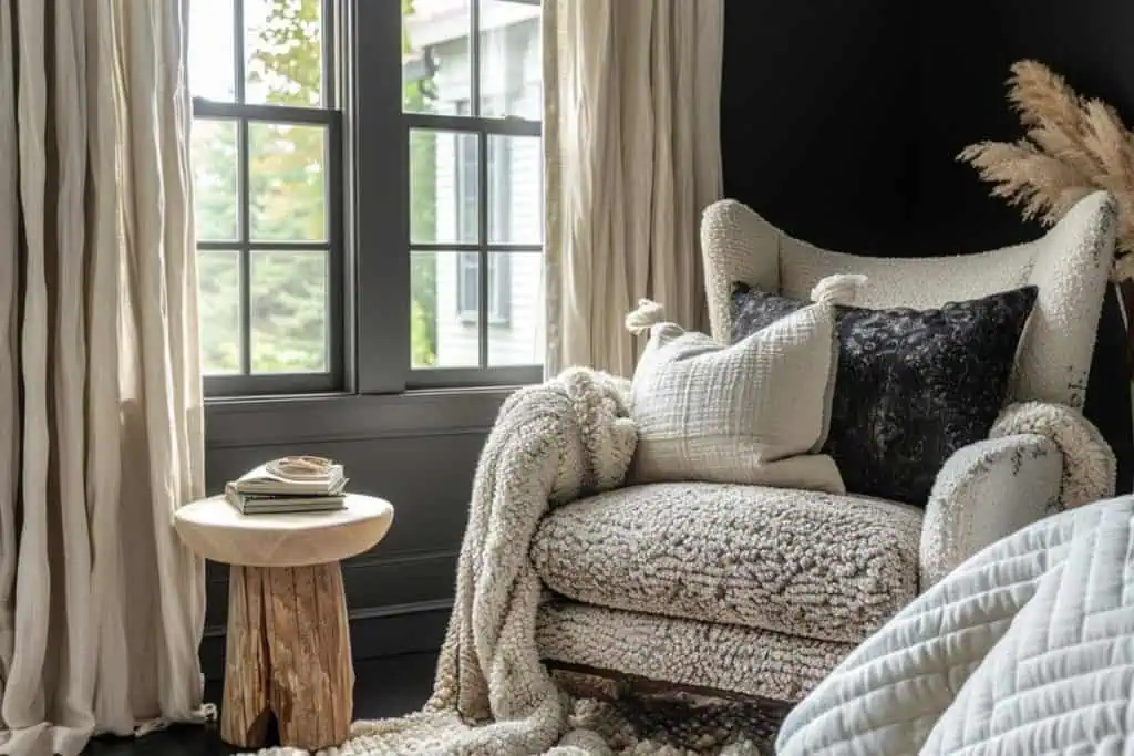 Cozy reading nook in a black & neutral bedroom, with a plush armchair, knit throw, and a rustic wooden stool beside a window with sheer curtains