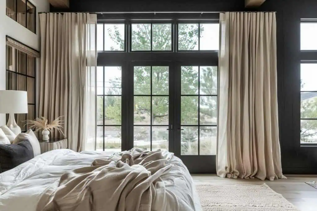 Spacious bedroom with large black-framed windows, sheer curtains, and a textured cream blanket on the bed