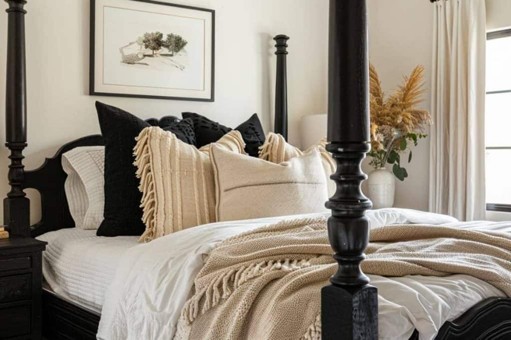 Luxurious black & neutral bedroom featuring a black poster bed with a cream duvet, black and beige throw pillows, and a rustic nightstand with botanical art