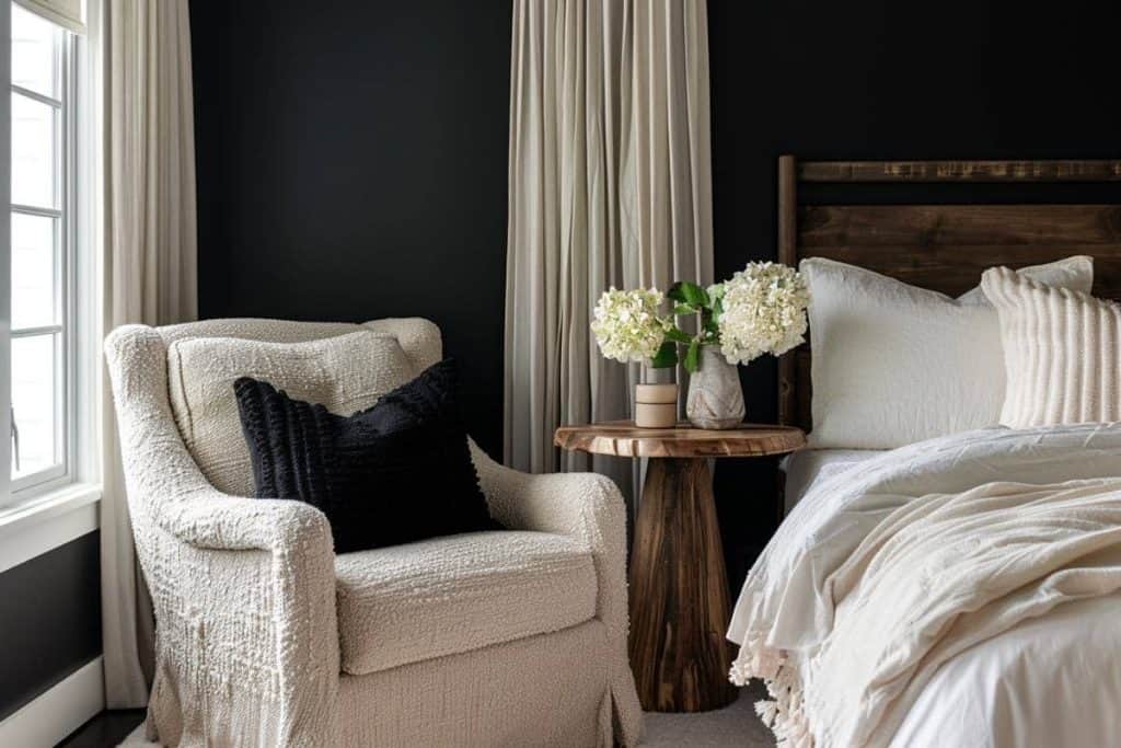 A black & neutral bedroom corner with a plush cream chair adorned with a black throw pillow, a rustic wooden side table with fresh hydrangeas, next to a bed with a wooden headboard