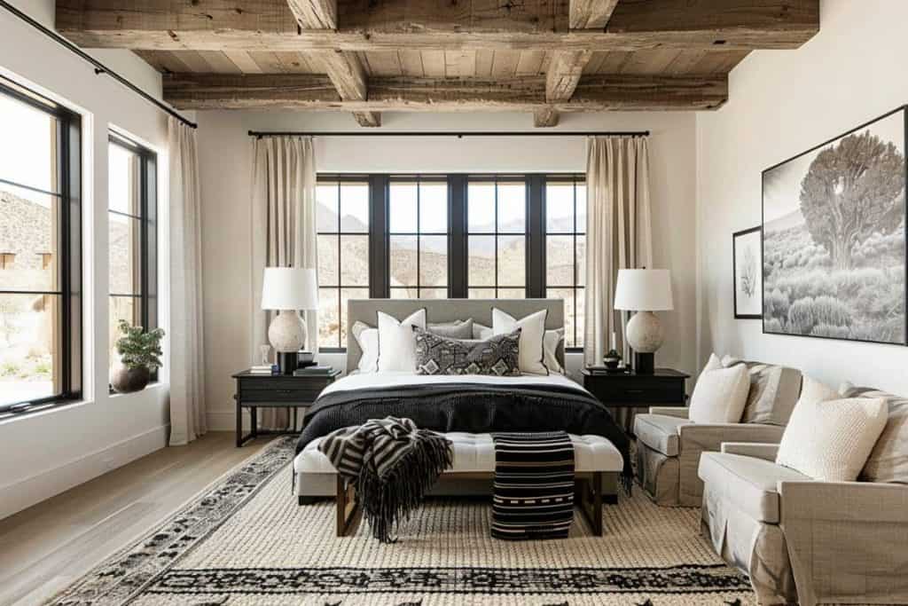 Spacious black & neutral bedroom with exposed wooden beams, a black four-poster bed with a white and grey bedding ensemble, flanked by natural textured lamps and a large landscape artwork.