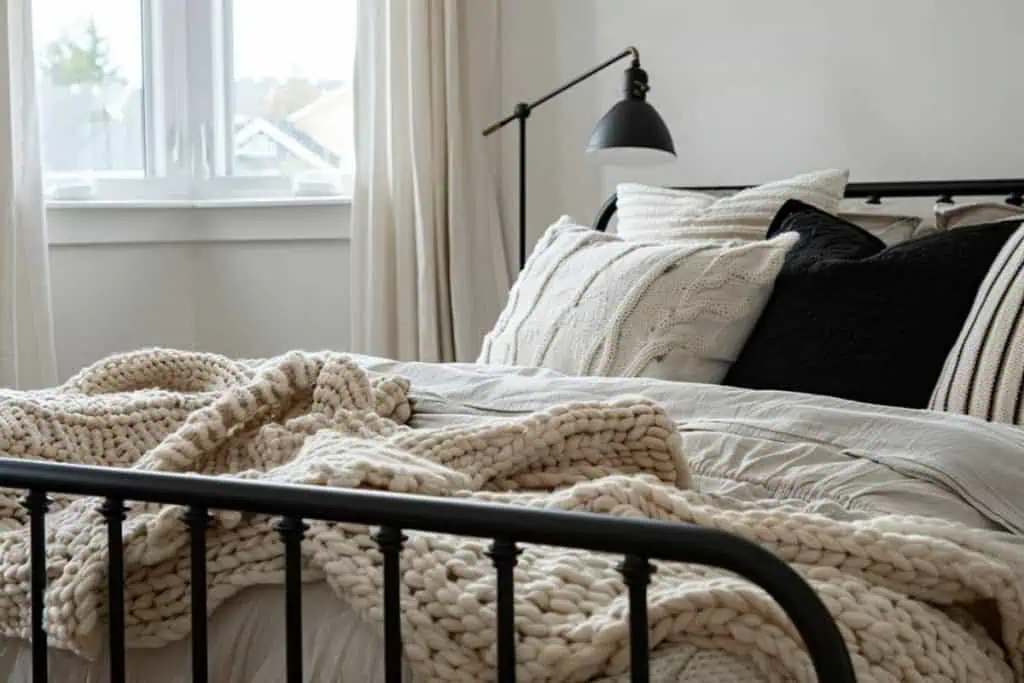 Detail of a black & neutral bedroom with a chunky knit blanket on a white duvet, black pillows, and a wrought-iron bed, complemented by soft beige curtains and natural light