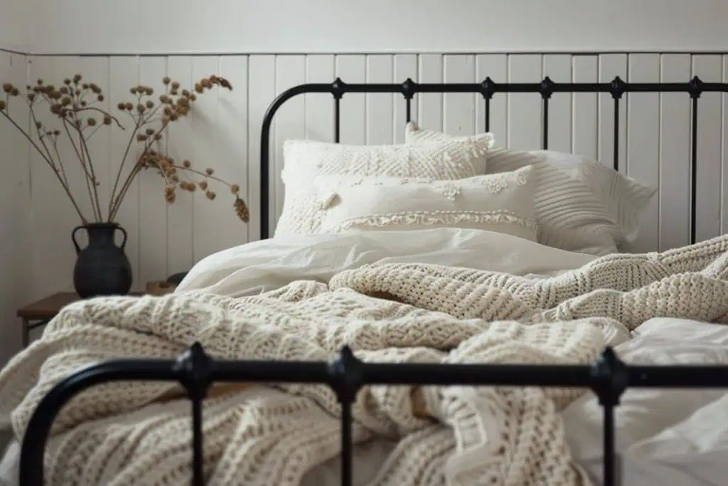 Black & neutral bedroom with a country aesthetic, featuring a black metal bed frame, white and beige bedding, dried flowers in a vase, and a cozy, textured knit throw