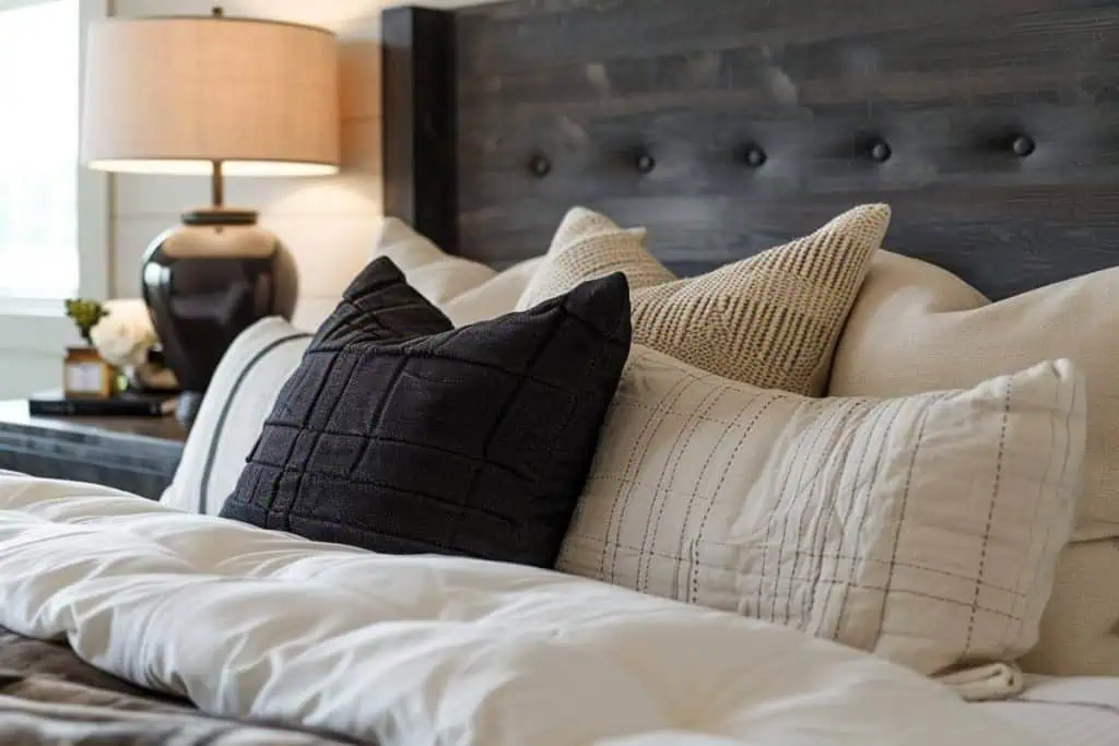 Close-up of a black & neutral bedroom with a wooden headboard, black textured pillows, beige linens, and a large ceramic lamp creating a warm ambiance