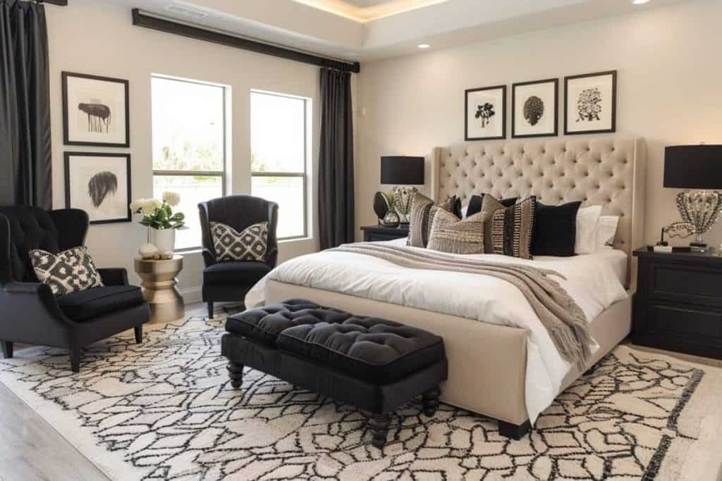 Elegantly appointed black & neutral bedroom with a tufted beige headboard, layered bedding in neutral tones, and black accent armchairs, under a contemporary chandelier