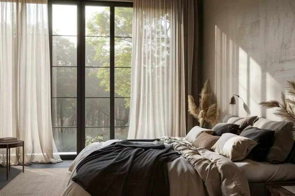 Tranquil black & neutral bedroom bathed in natural light, with a beige bedspread, black throw blanket, and pampas grass decorations creating a serene space