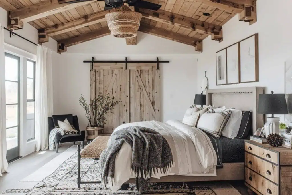 Rustic black & neutral bedroom featuring a wood-beamed ceiling, a barn door, a neutral-toned bedding set, and a cozy grey blanket at the foot of the bed.