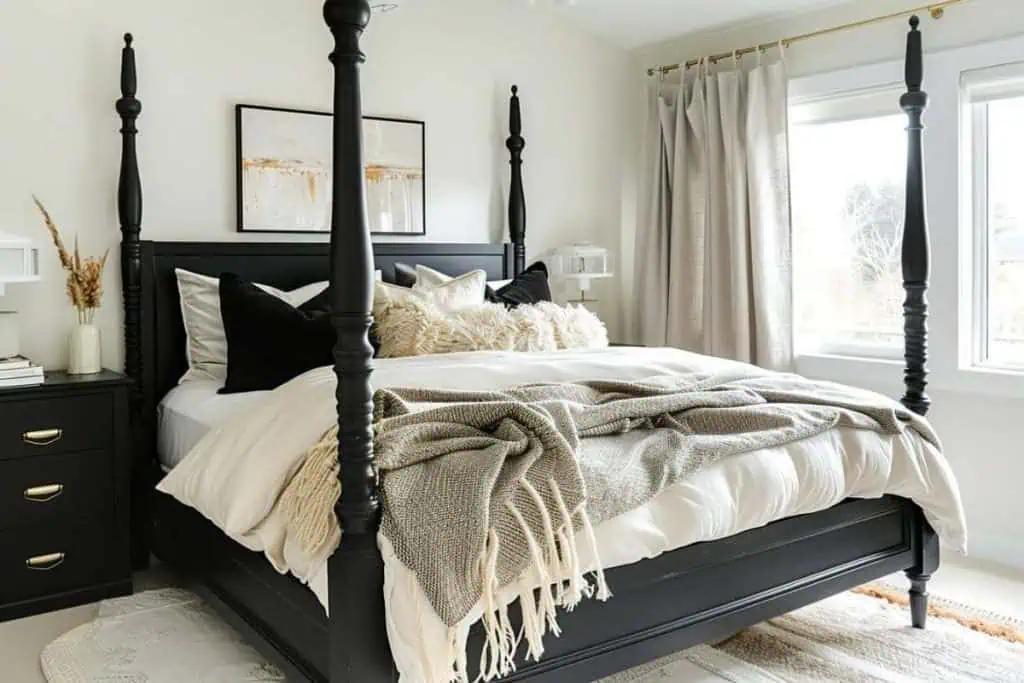 Elegant bedroom with a four-poster black bed, beige throw blankets, and various textured pillows
