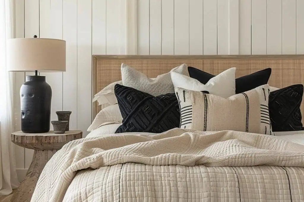 A serene black & neutral bedroom corner with a rustic wooden side table, black and beige patterned pillows, and a chunky beige blanket on the bed.