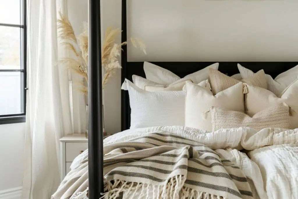 Close-up of a bed with decorative pillows, a knitted throw blanket, and a wooden headboard