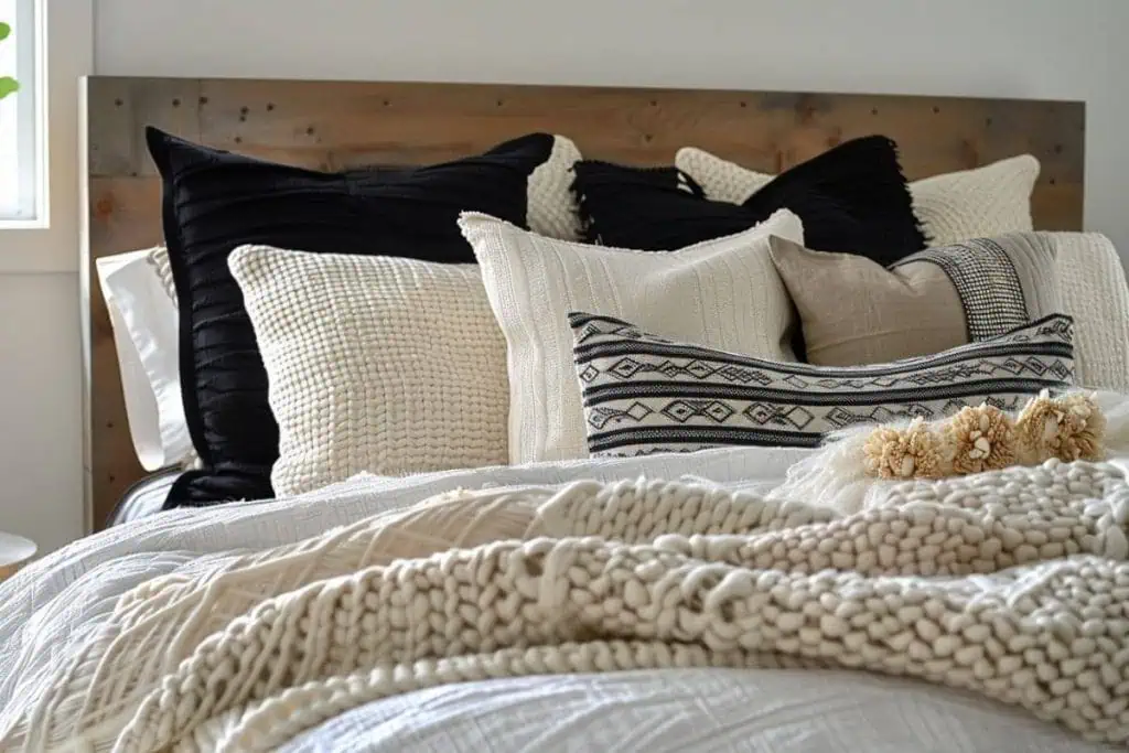 Light-filled bedroom with a four-poster bed, crisp white bedding, and a gray patterned throw blanket