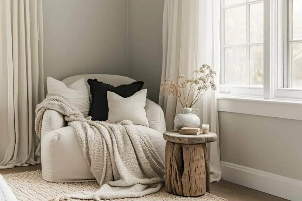 Black four-poster bed with neutral bedding, textured pillows, and a knit throw in a well-lit bedroom