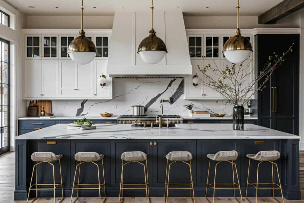 Modern kitchen with two-toned cabinets featuring a dark navy island with gold accents and white wall cabinets under brass dome pendant lights