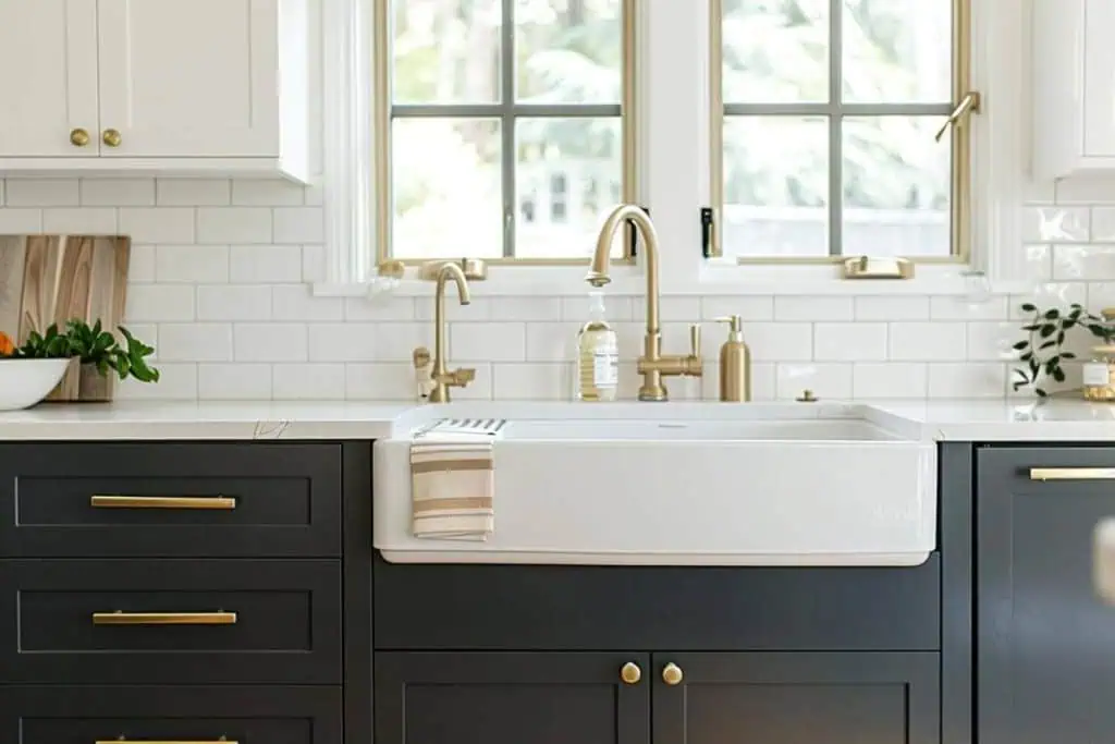 Classic kitchen design with two-toned cabinets, black lowers and white uppers, gold hardware, and a farmhouse sink, creating a timeless look