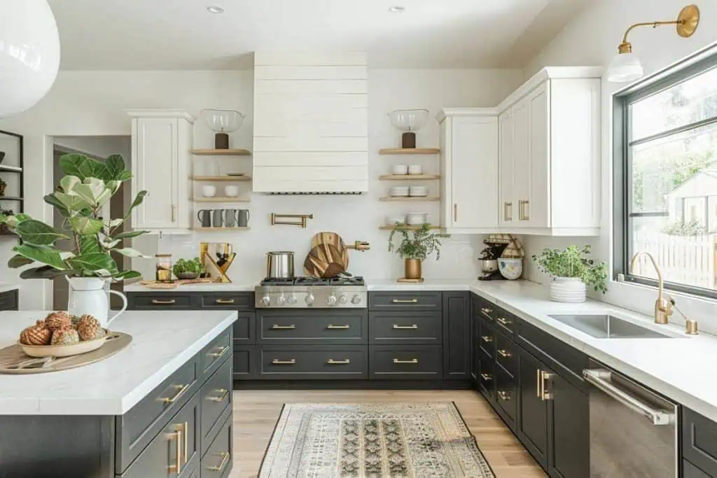 Modern kitchen featuring two-toned cabinets with upper white and lower charcoal gray cabinetry, brass hardware, white marble countertops, and floating wooden shelves.