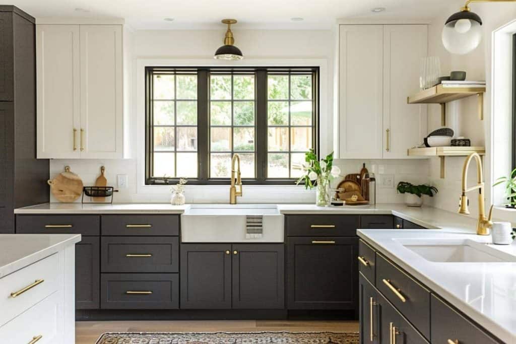 Spacious kitchen with two-toned cabinetry, dark gray base and white wall cabinets, gold accents, farmhouse sink, and a window overlooking the backyard.