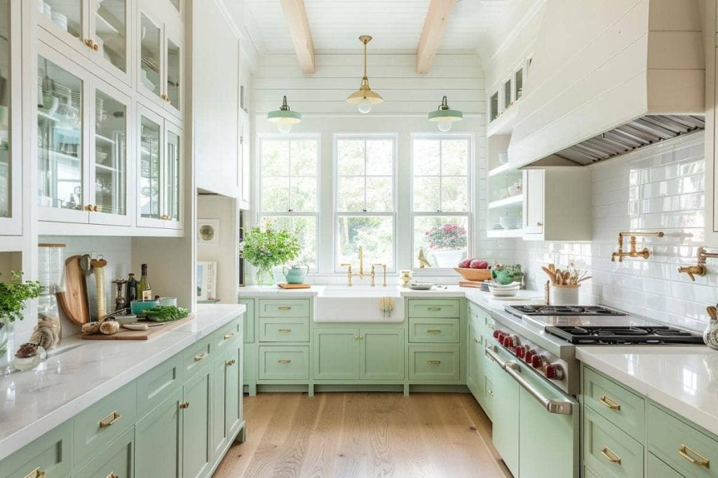 Bright kitchen with two-toned mint green and white cabinets, glass front uppers, brass fixtures, and a white farmhouse sink.