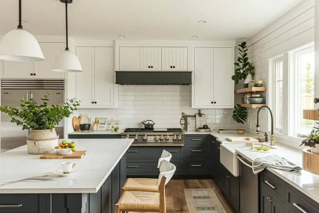 Contemporary kitchen with two-toned cabinetry, black lower cabinets, white uppers, stainless steel appliances, and white subway tile backsplash.