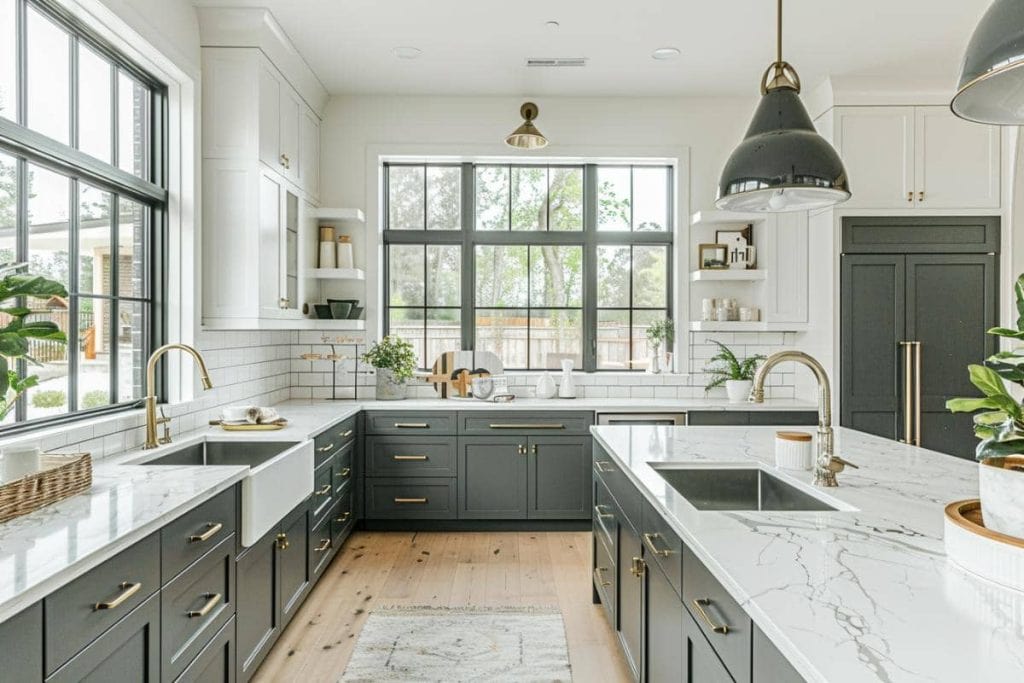 Luxurious kitchen with two-toned cabinets, dark gray base, white uppers, large windows, and gold hardware accents.