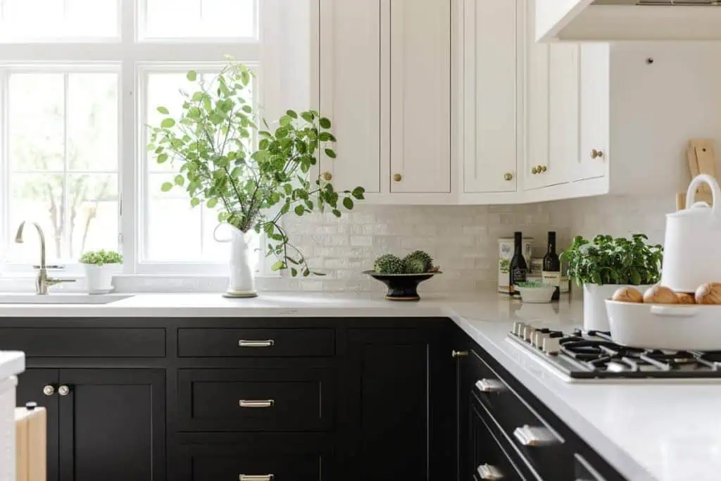 Airy kitchen with two-toned cabinetry, black lower cabinets, white uppers, subway tile backsplash, and a touch of greenery.