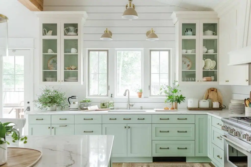 Traditional kitchen with two-toned cabinetry, soft mint green lower cabinets, white upper cabinets, and a rustic wooden kitchen island.