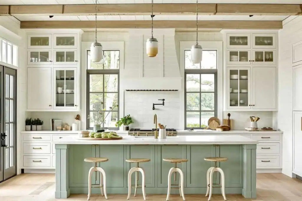 Spacious kitchen with two-toned cabinets, including white upper cabinets and a sage green island, complemented by industrial-style pendant lights