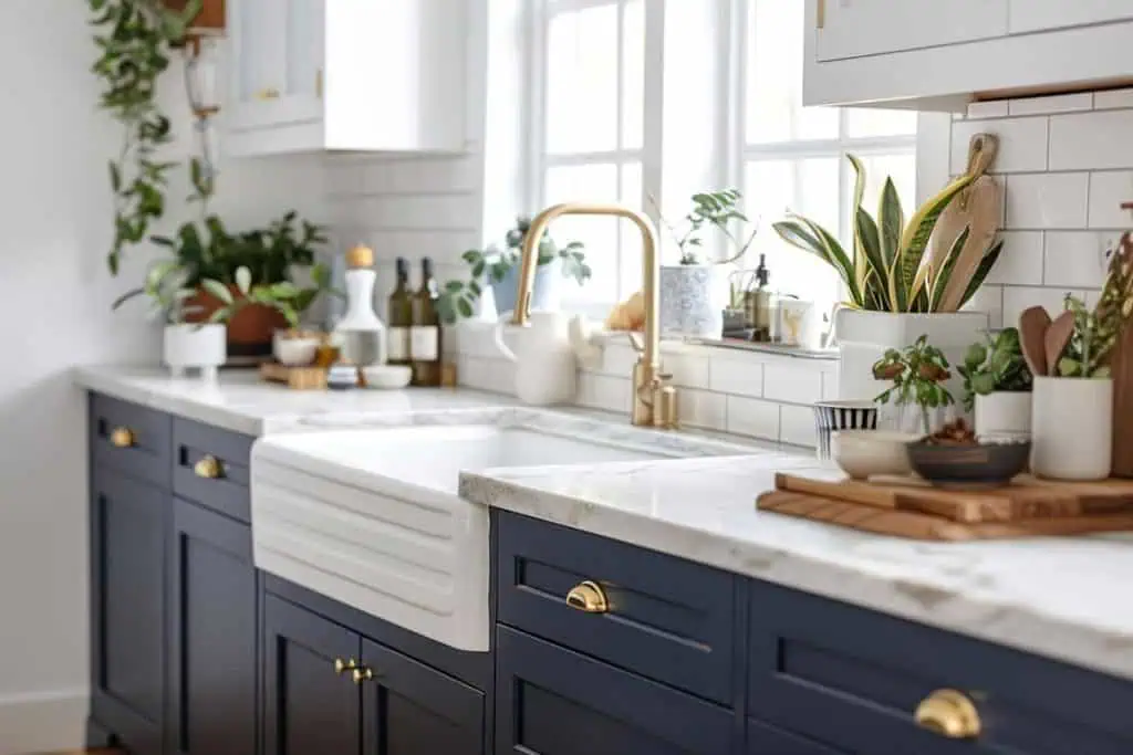 Cozy kitchen corner showcasing two-toned cabinets with navy lower units and white uppers, marble countertops, and indoor plants adding a touch of greenery.