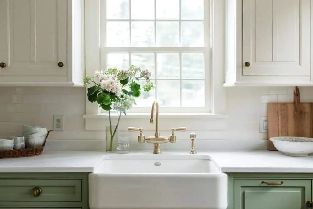 Charming kitchen with two-toned cabinets, featuring an off-white farmhouse sink, soft green lower cabinets, and a fresh bouquet as the centerpiece.