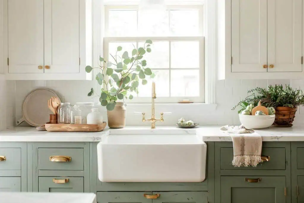 Bright and airy kitchen space highlighting two-toned cabinets with upper white cabinets and a navy blue island, enhanced by natural light from the window above the sink