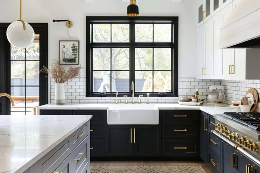 Stylish kitchen with two-toned cabinets, combining dark lower cabinets with white uppers, brass fixtures, and a white farmhouse sink under a large window