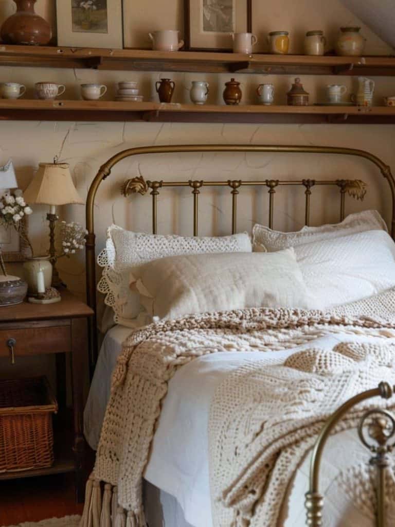 Antique brass bed with white bedding and knitted throw in a vintage farmhouse bedroom, wooden shelf with rustic ceramics above.