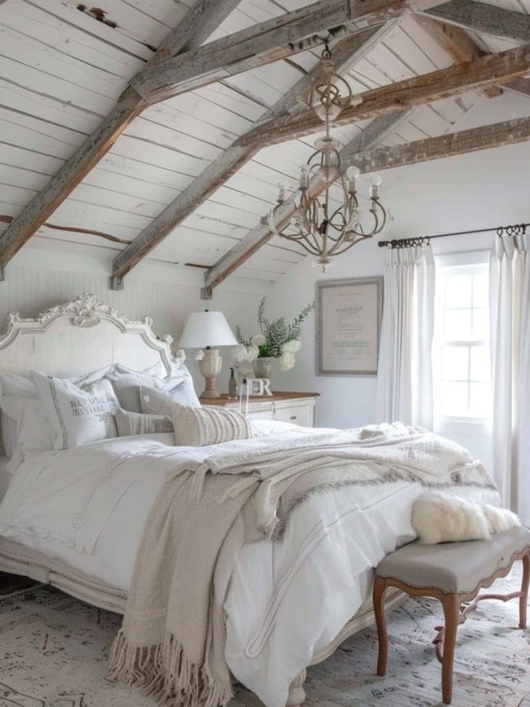 Elegant farmhouse bedroom featuring a distressed wooden ceiling, chandelier, and luxurious white bedding with a footstool.