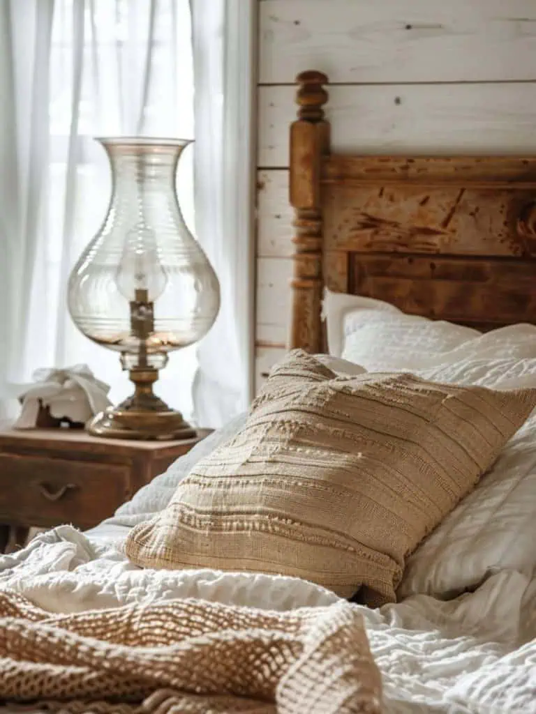 Vintage farmhouse bedroom with a tall wooden bedpost and a large clear glass lamp, white linens with textured pillows, and sheer curtains softly filtering sunlight.