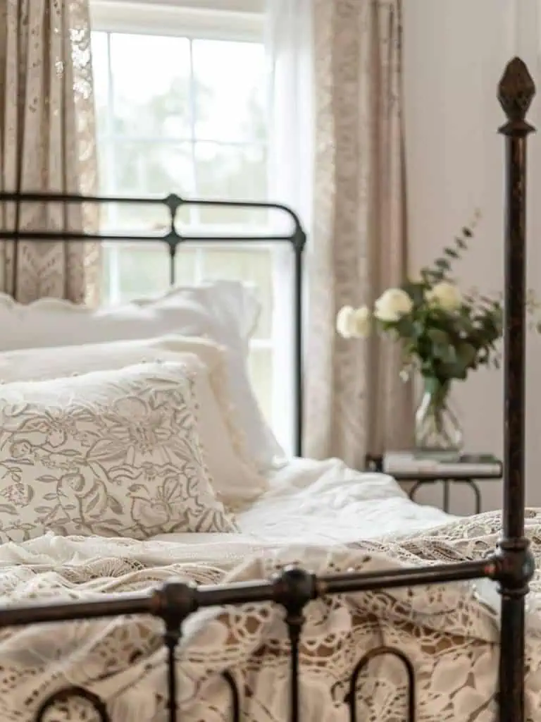 Romantic vintage farmhouse bedroom corner with a black metal bed frame, delicate lace details on the bedding, and sheer lace curtains beside a bouquet of white roses.