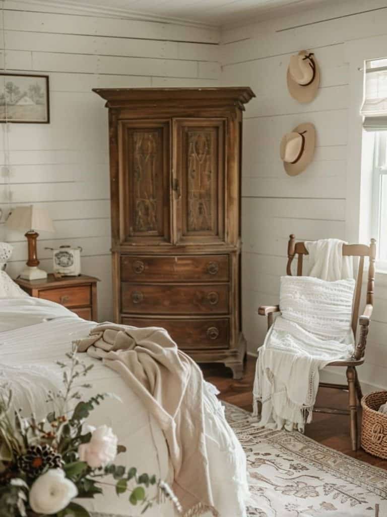Rustic vintage farmhouse bedroom with an antique wooden armoire, straw hats on the wall, and a white bedspread on a wooden bed.