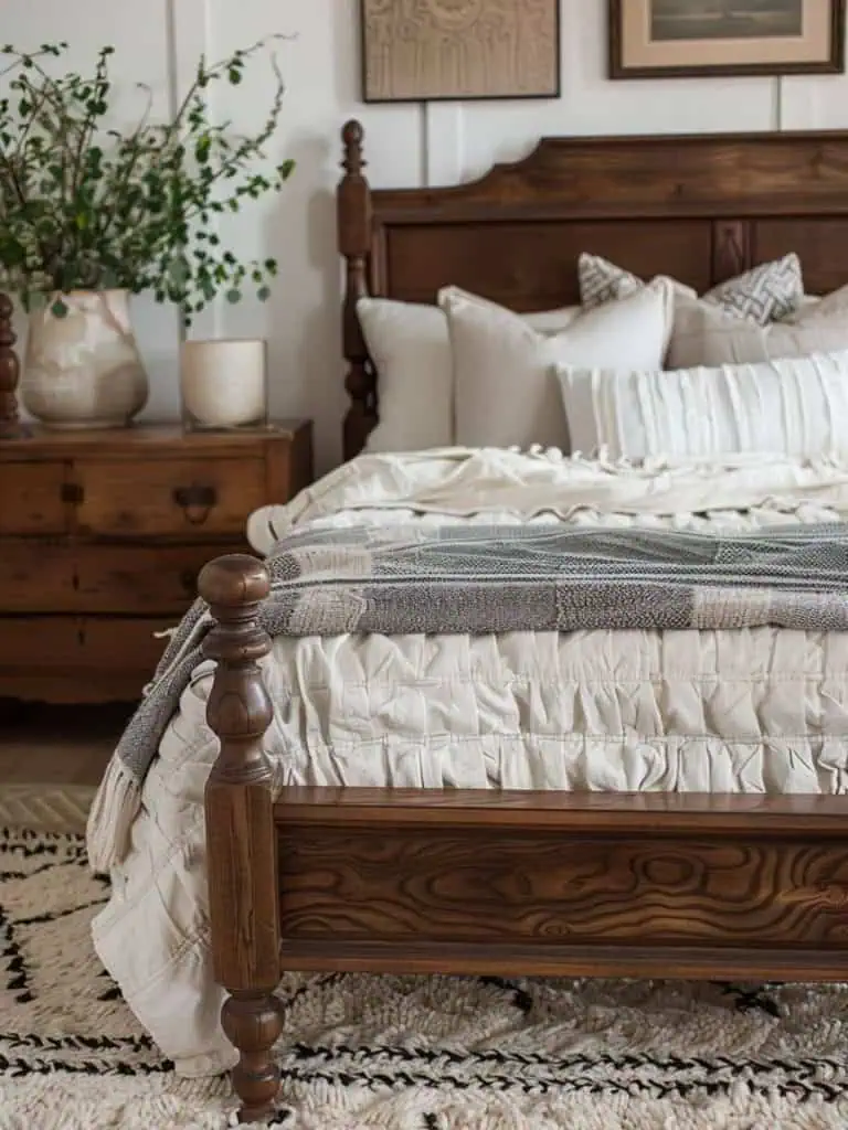 Textured white bedding with diamond patterns on a classic wooden bed in a vintage farmhouse bedroom, featuring a wooden nightstand and a rustic jute rug.