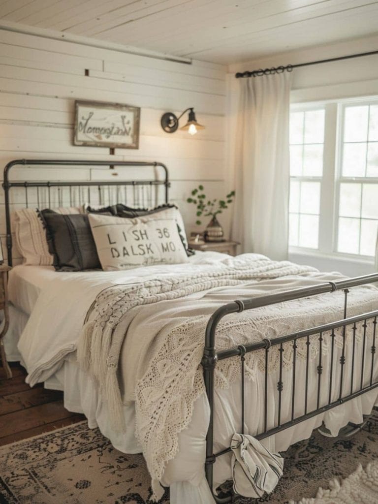 Vintage farmhouse bedroom with a black iron bed frame, white ruffled bedding, a crochet throw, and a nostalgic "Homestead" wall sign.