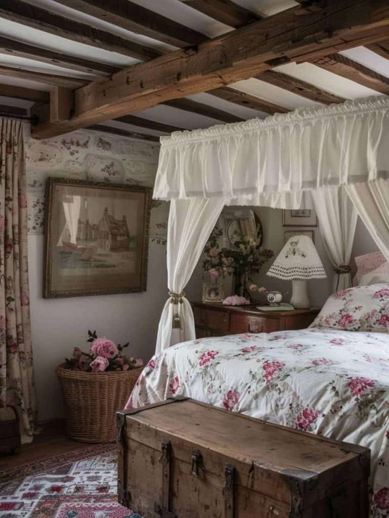 Floral-patterned canopy bed with white drapes, vintage wooden chest, and patterned rug in a farmhouse bedroom.