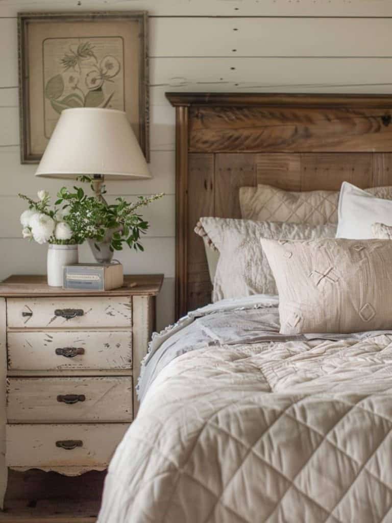 Charming vintage farmhouse bedroom with distressed white dresser, a fresh floral arrangement, and a quilted taupe bedspread.