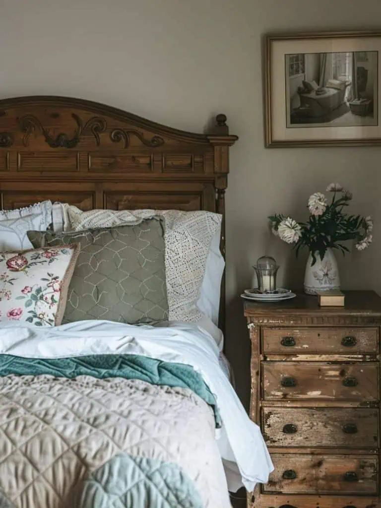 Carved wooden headboard with intricate details, layered pillows, and a bouquet of white flowers on a distressed nightstand in a vintage farmhouse bedroom.