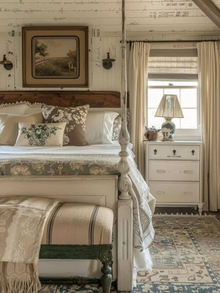Cozy corner in a vintage farmhouse bedroom with a rustic headboard, a mix of patterned and embroidered pillows, and an antique framed landscape painting.