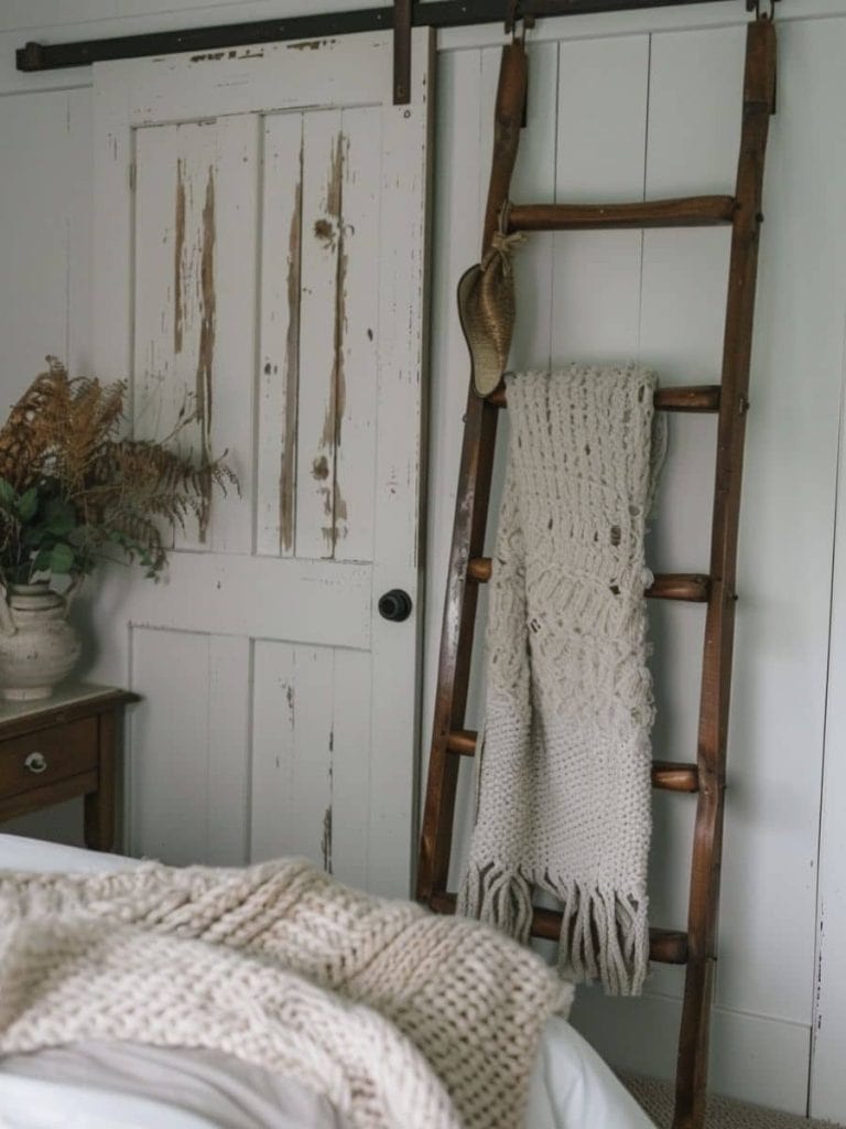 Vintage farmhouse charm with a rustic ladder repurposed as a blanket holder, knit throw, and a simple bedside setting with a ceramic pitcher.