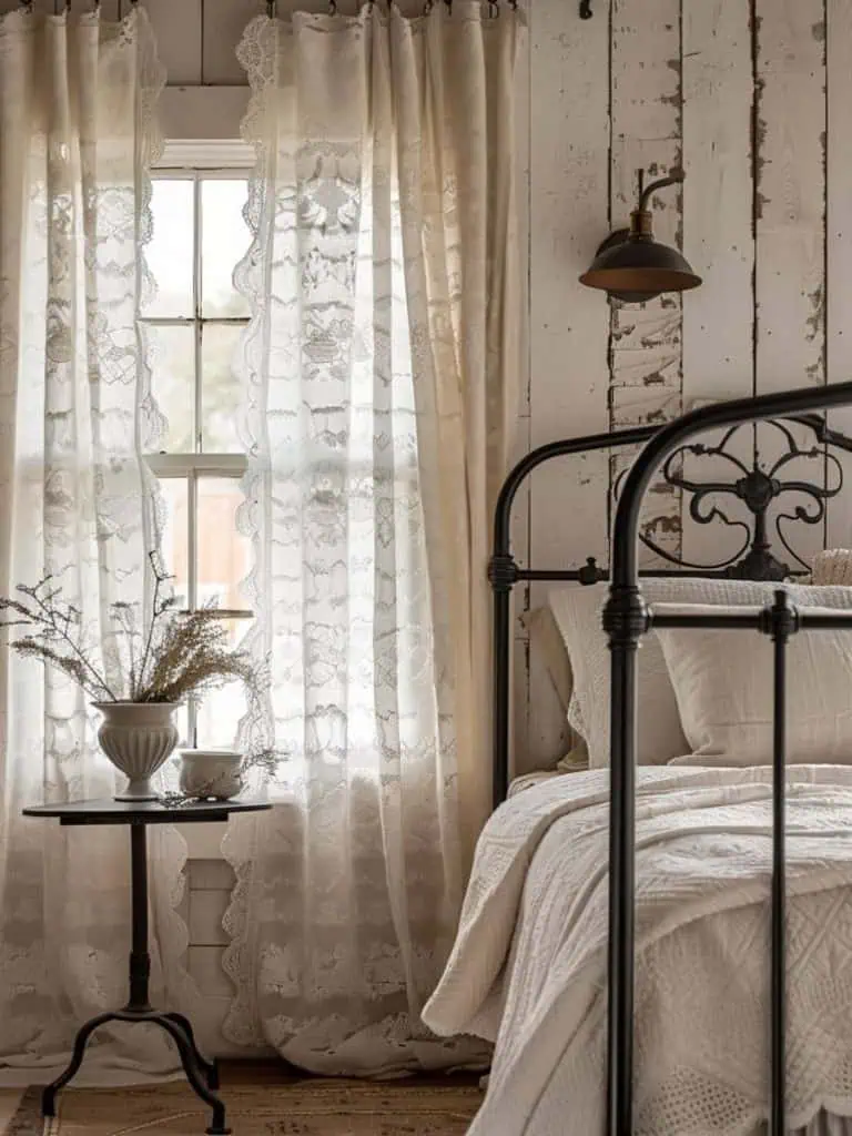 Bright and airy vintage farmhouse bedroom featuring sheer lace curtains, an iron bed frame with white linens, and a quaint side table with a floral arrangement.