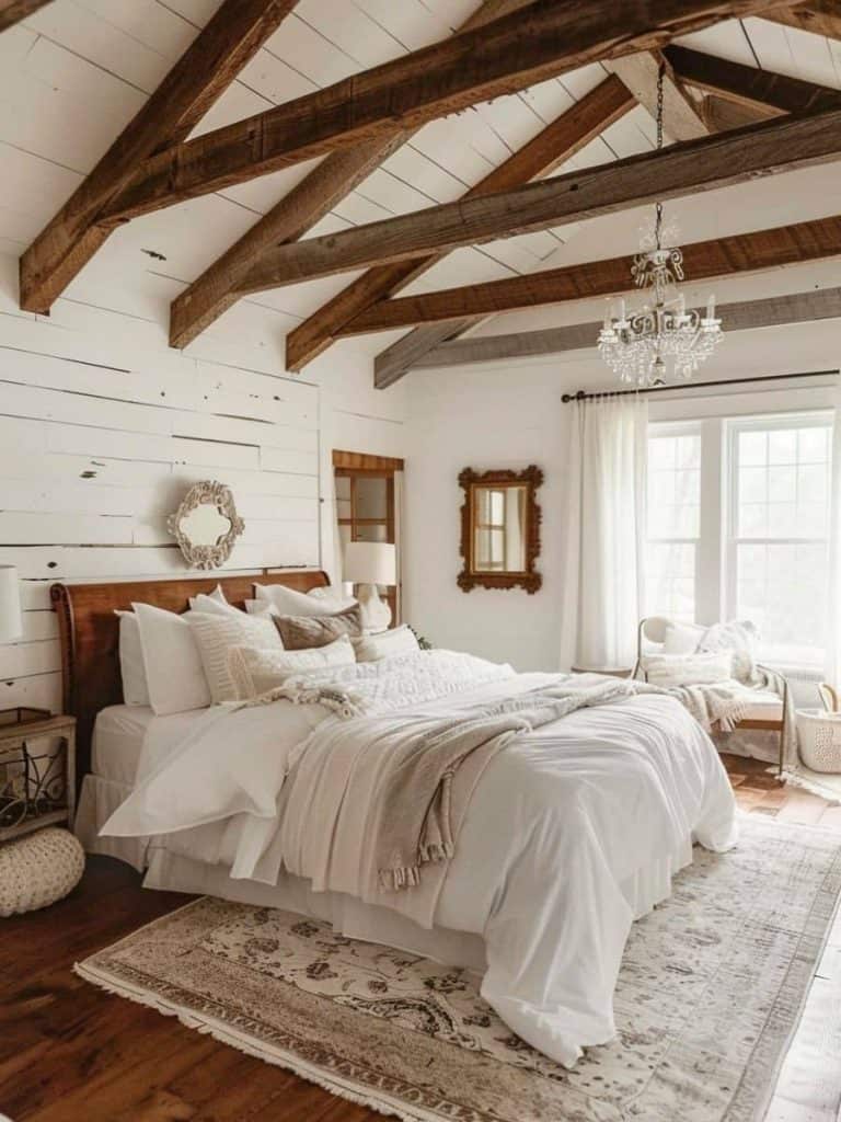 Classic farmhouse bedroom with a high wooden headboard, white and beige bedding, and a cozy, textured throw atop a traditional patterned rug.