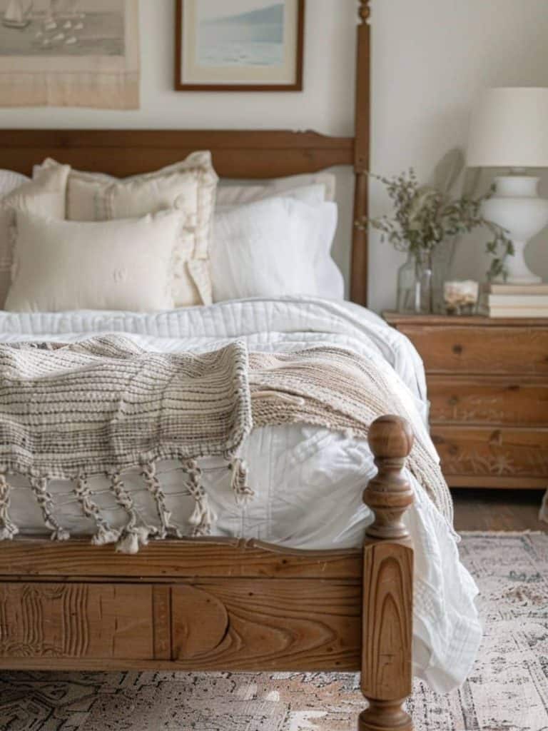 Vintage farmhouse bedroom with a warm wooden headboard, crisp white bedding, and a chunky knit blanket, capturing a serene morning atmosphere.