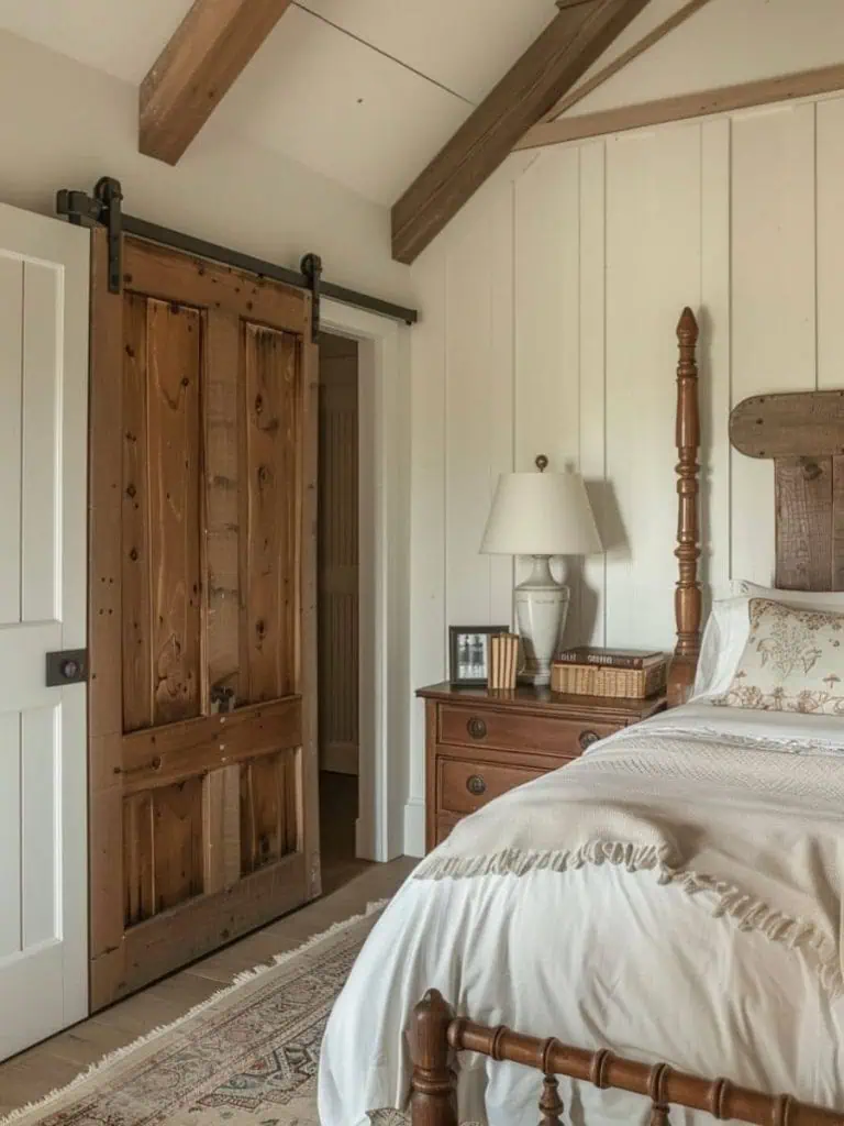 Wooden four-poster bed with white linens beside a sliding barn door in a room with rustic farmhouse appeal.