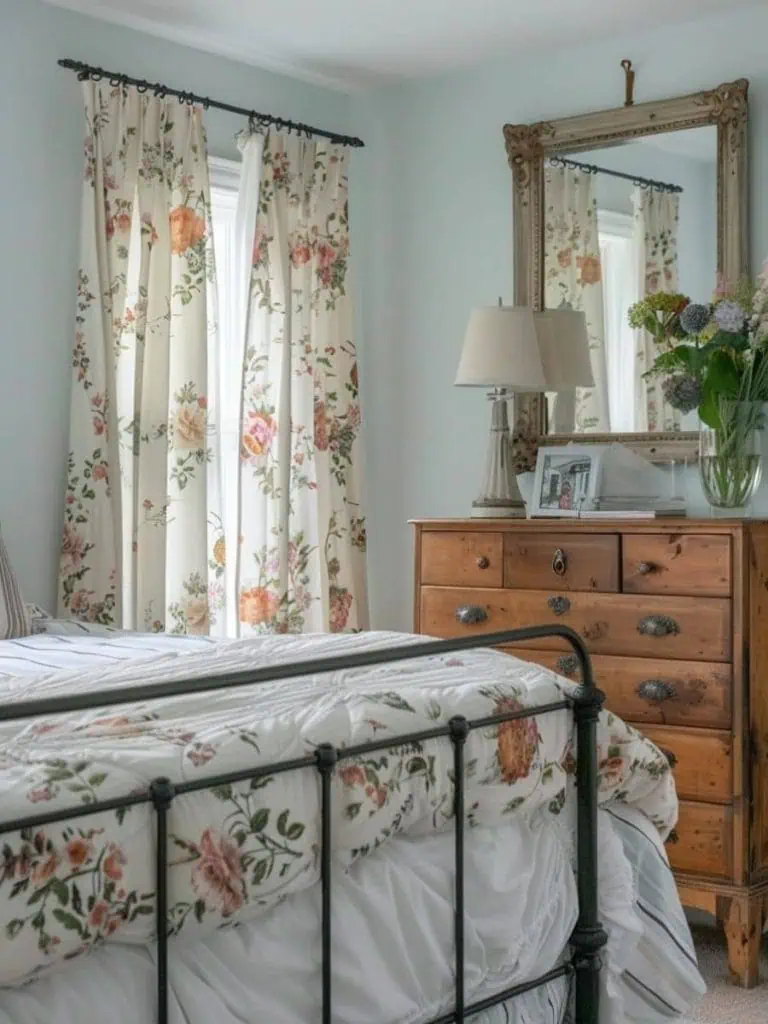 Iron bed with floral-patterned curtains and bedding, traditional wooden dresser with a mirror in a country farmhouse bedroom.